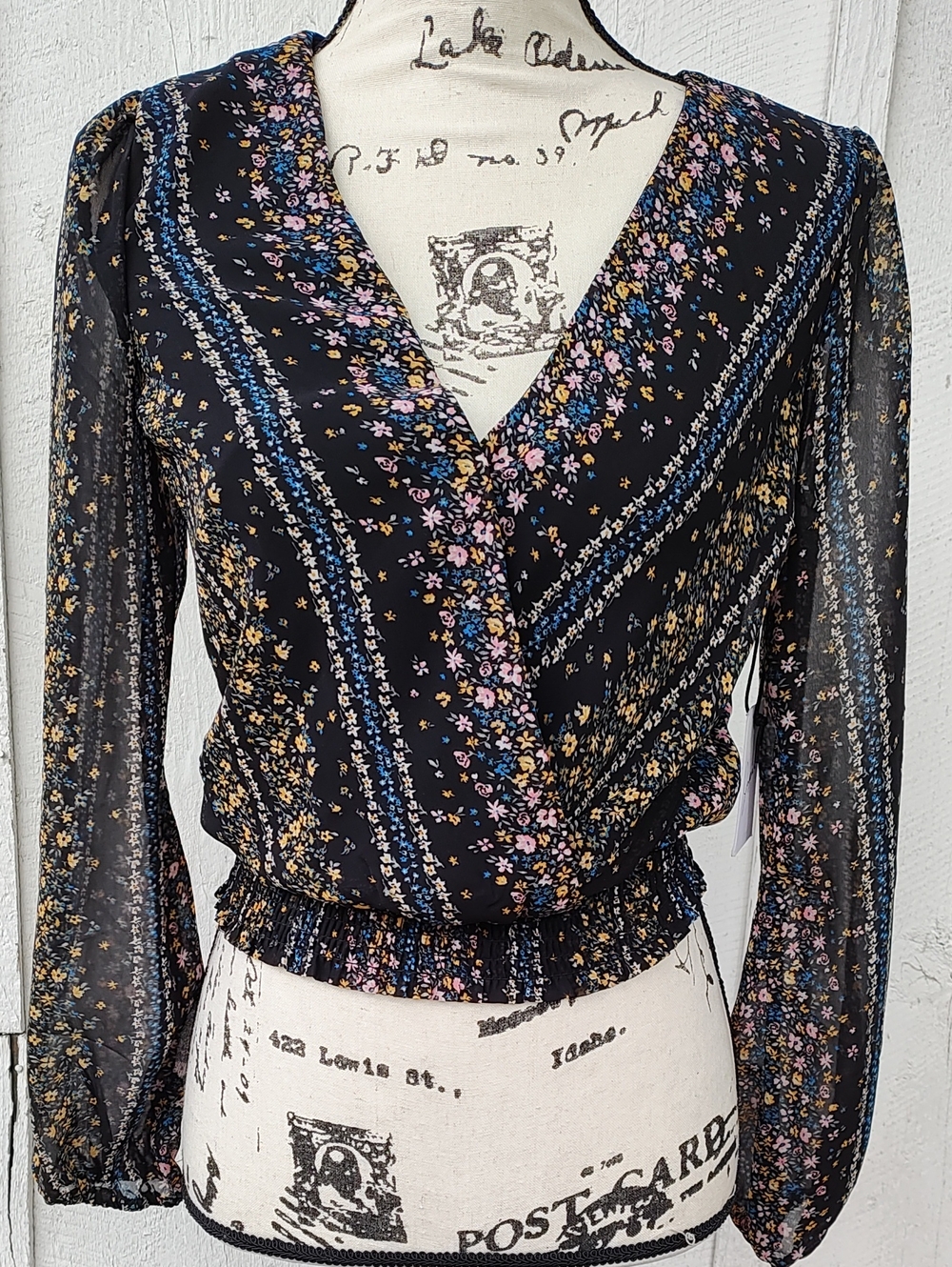 Japna NWT Sheer Black Floral V-Neck Faux Wrap Blouse XS
